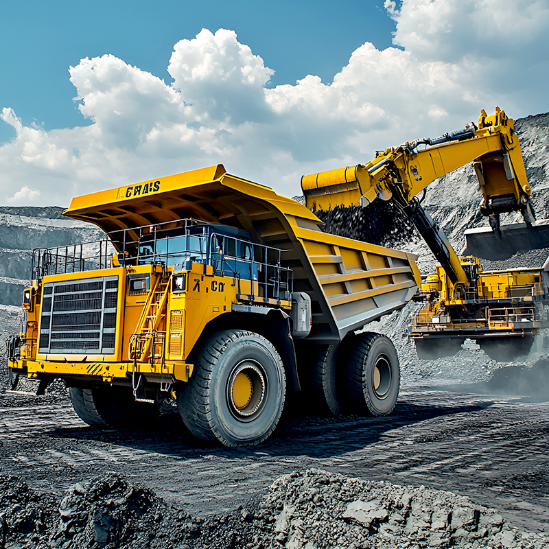 Large yellow mining dump truck at an excavation site, representing heavy machinery manufacturing.