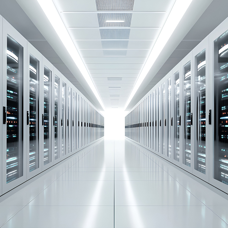 Rows of white server racks and electrical enclosures in a clean data center facility.