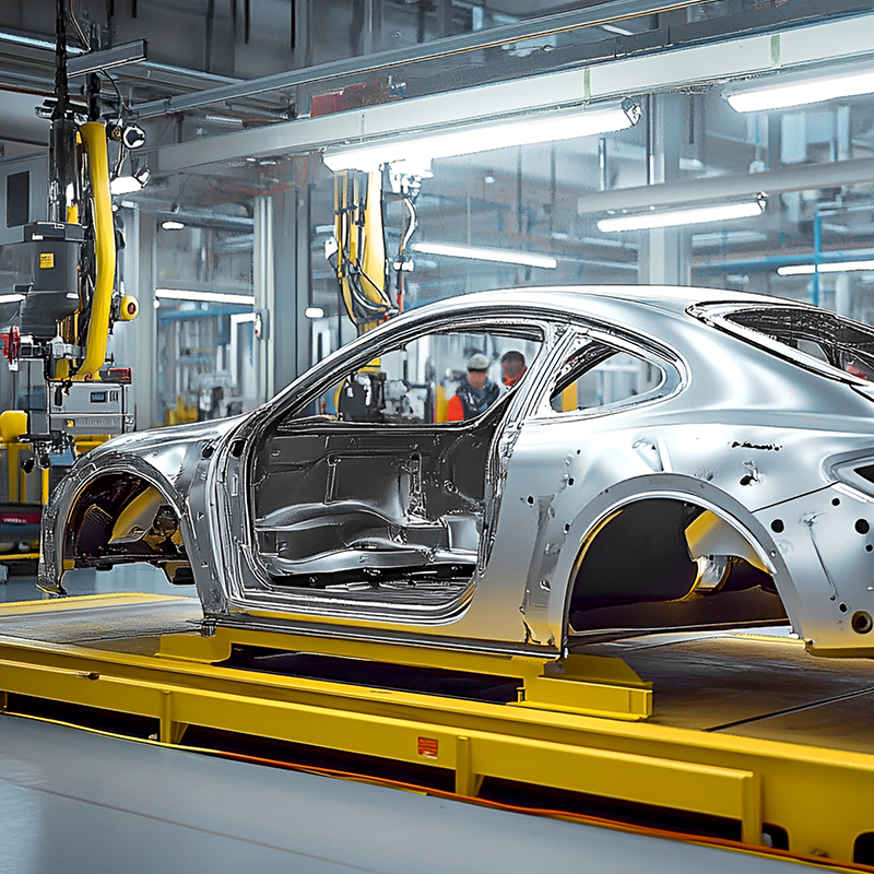Robotic welding arms working on a car chassis in an automated automotive assembly line.