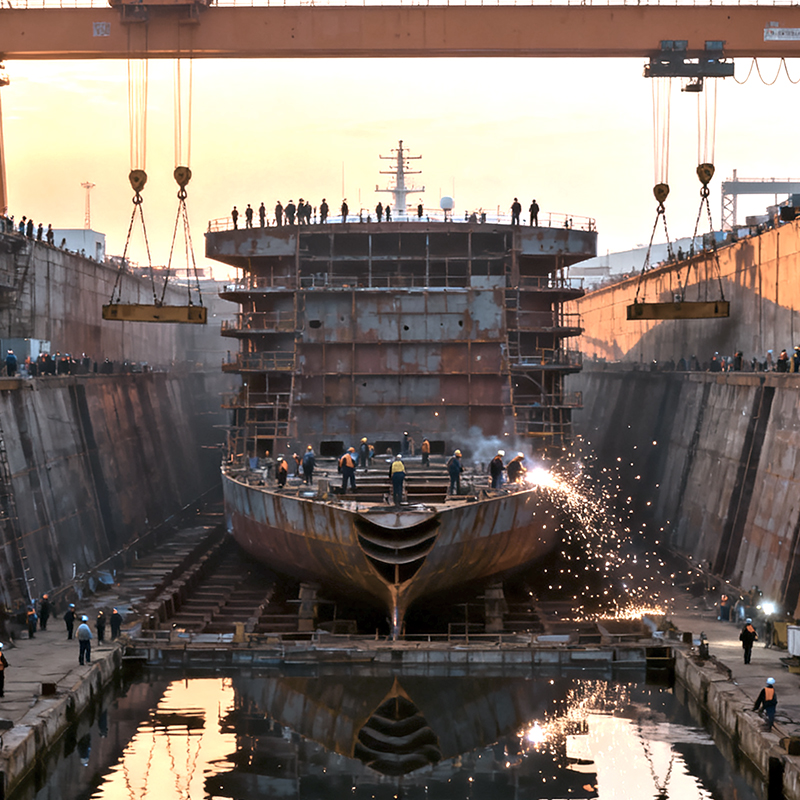 Large cargo ship under construction in a dry dock, highlighting marine engineering and welding capabilities.